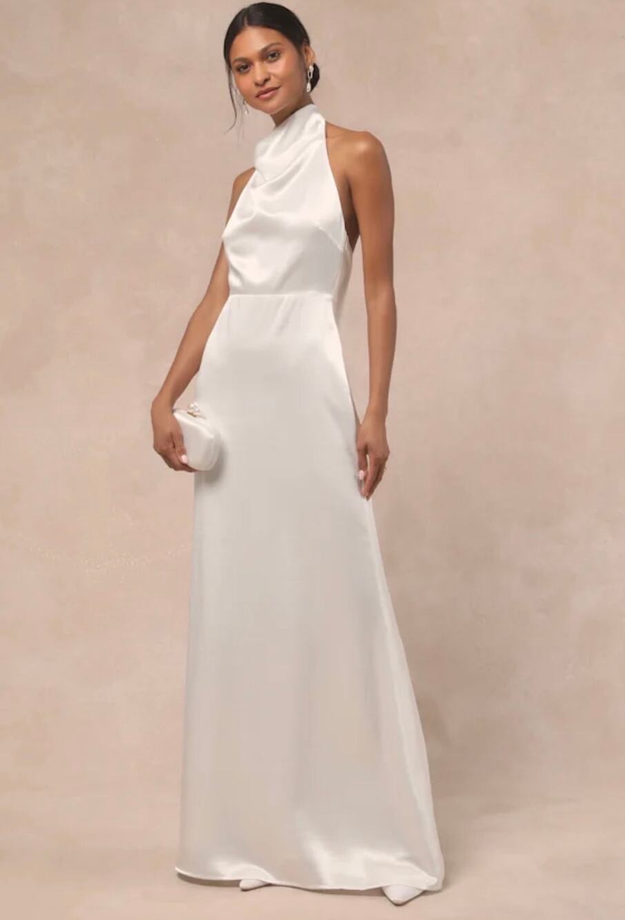 Lulus Meliana White Satin Halter Backless Maxi Dress Sz M
